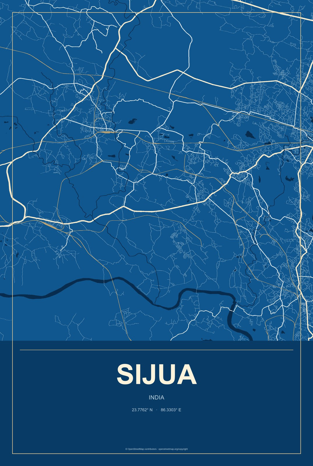 Sijua, India City Map Aluminum Sign in Harbor Cobalt style