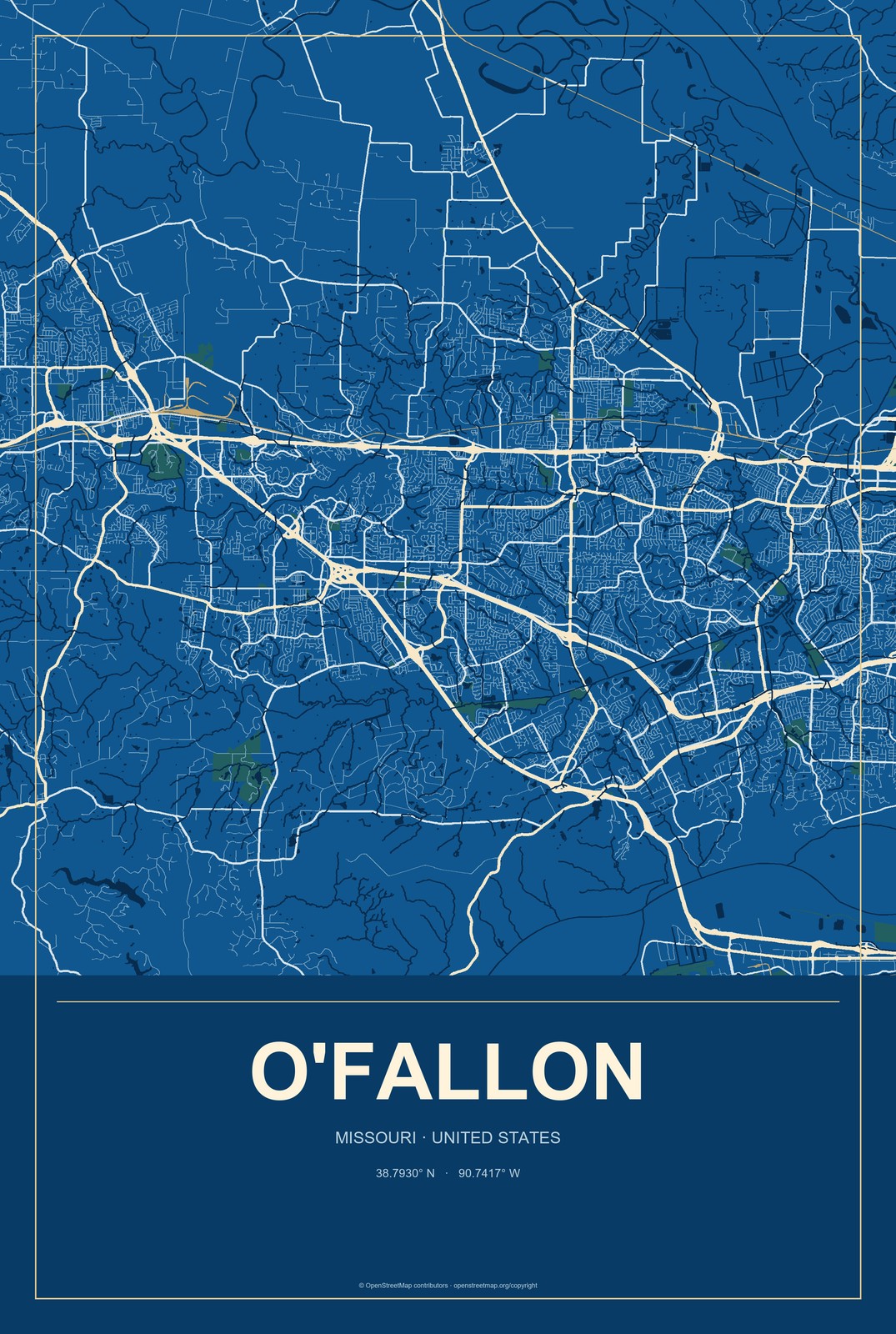 O'Fallon, Missouri City Map Aluminum Sign in Harbor Cobalt style