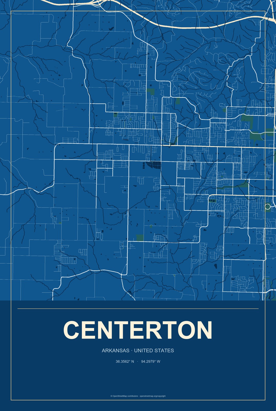 Centerton, Arkansas City Map Aluminum Sign in Harbor Cobalt style