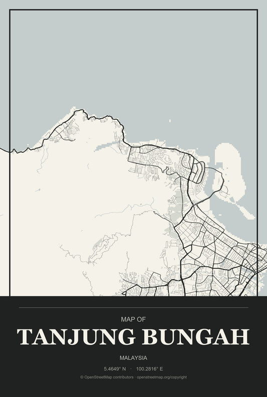 Tanjung Bungah, Malaysia City Map Aluminum Sign in Museum Plaque style