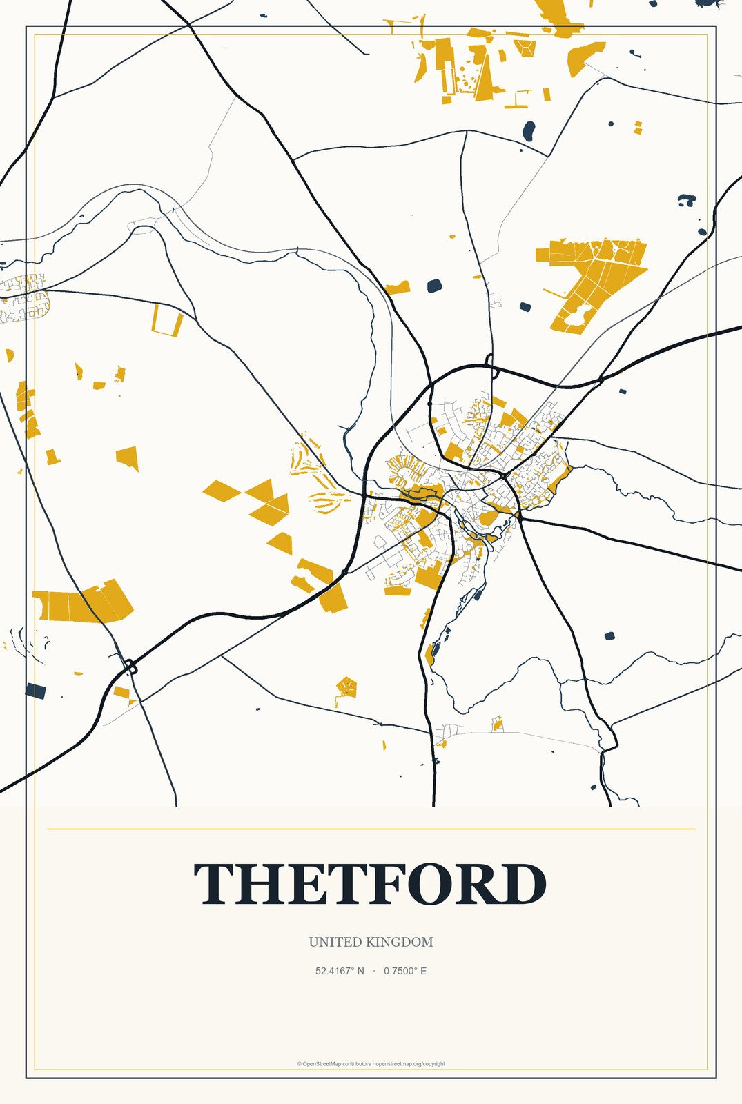 Thetford, United Kingdom City Map Aluminum Sign in Citrine Modern style