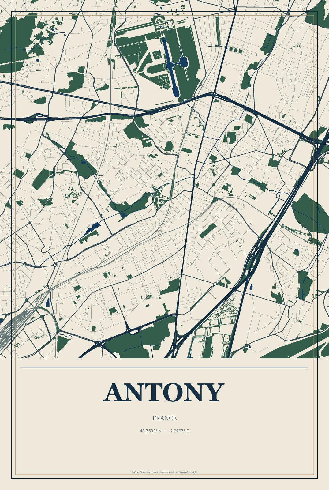 Antony, France City Map Aluminum Sign in Coastal Cutout style