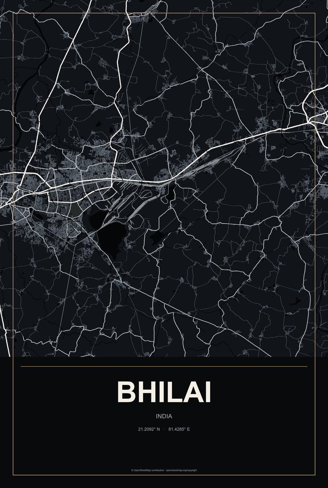 Bhilai, India City Map Aluminum Sign in Metropolitan Noir style