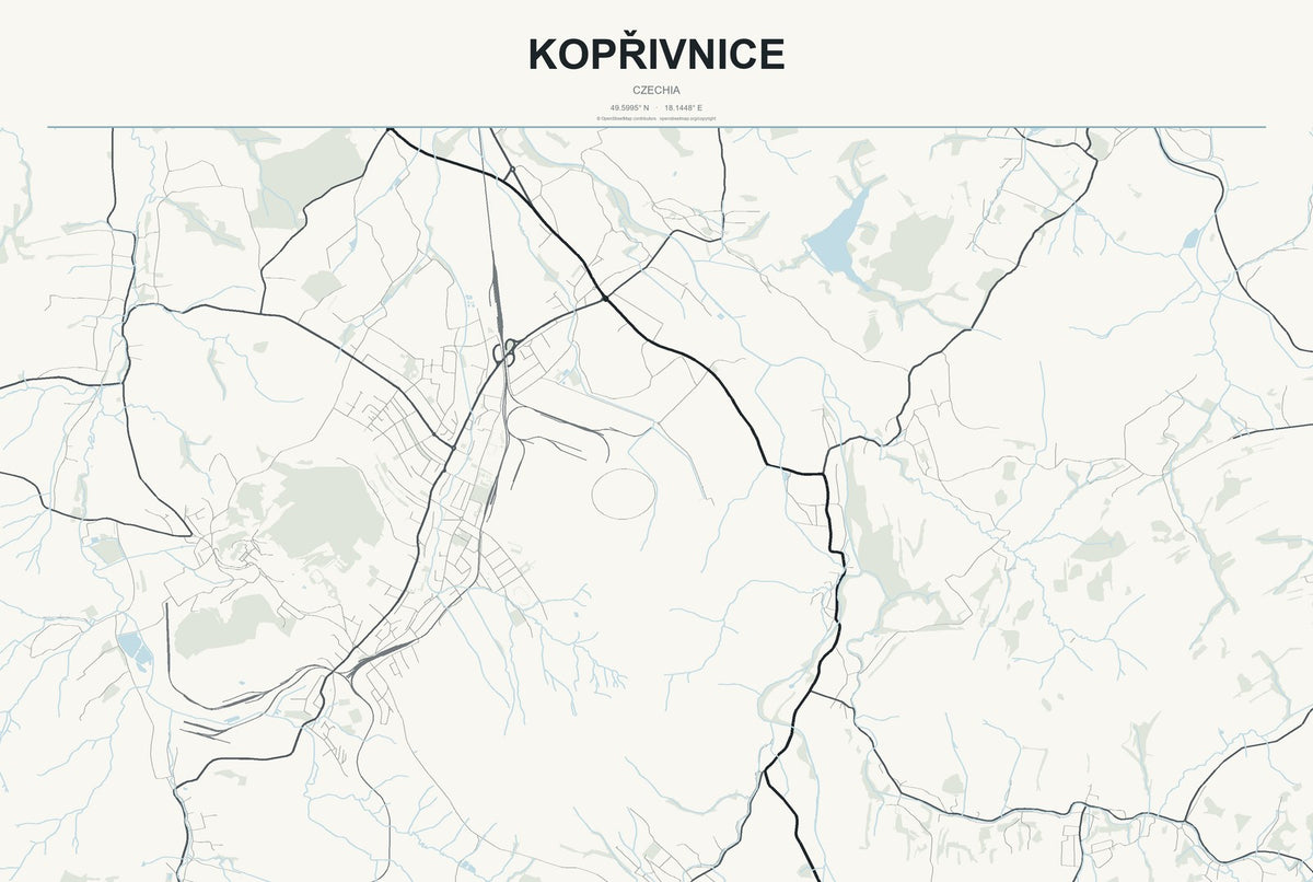 Kopřivnice, Czechia City Map Aluminum Sign in Headline Atlas style