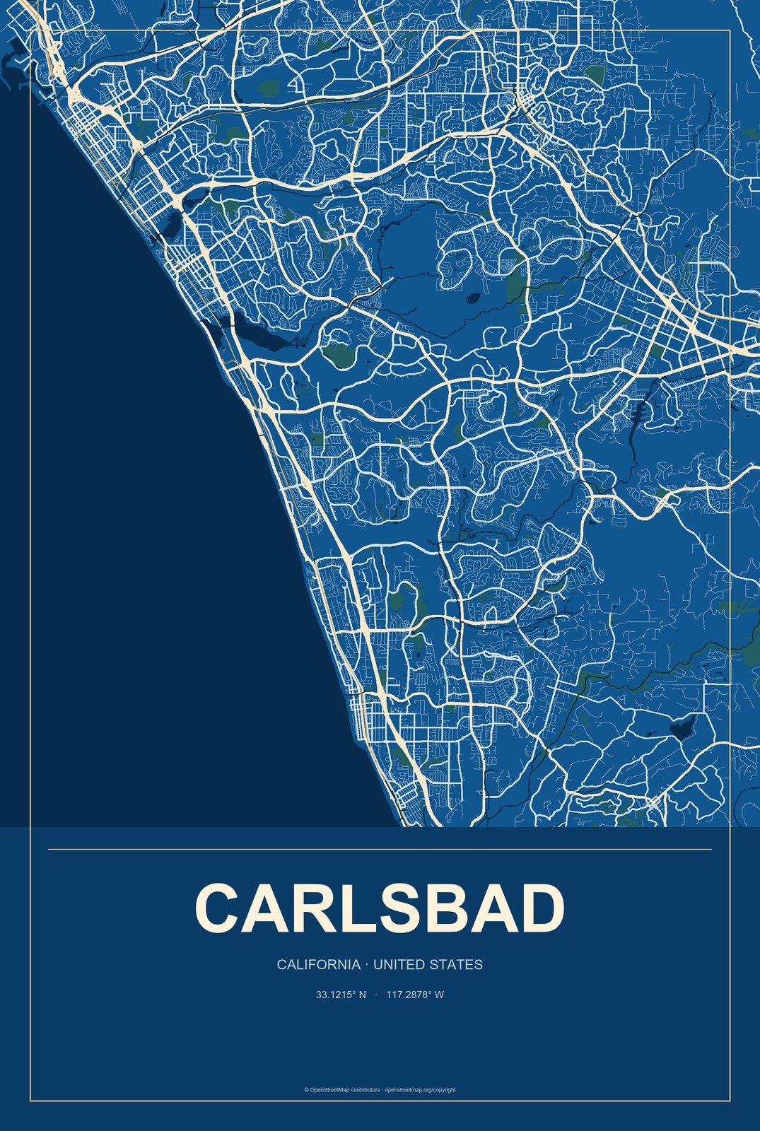 Carlsbad, California City Map Aluminum Sign in Harbor Cobalt style
