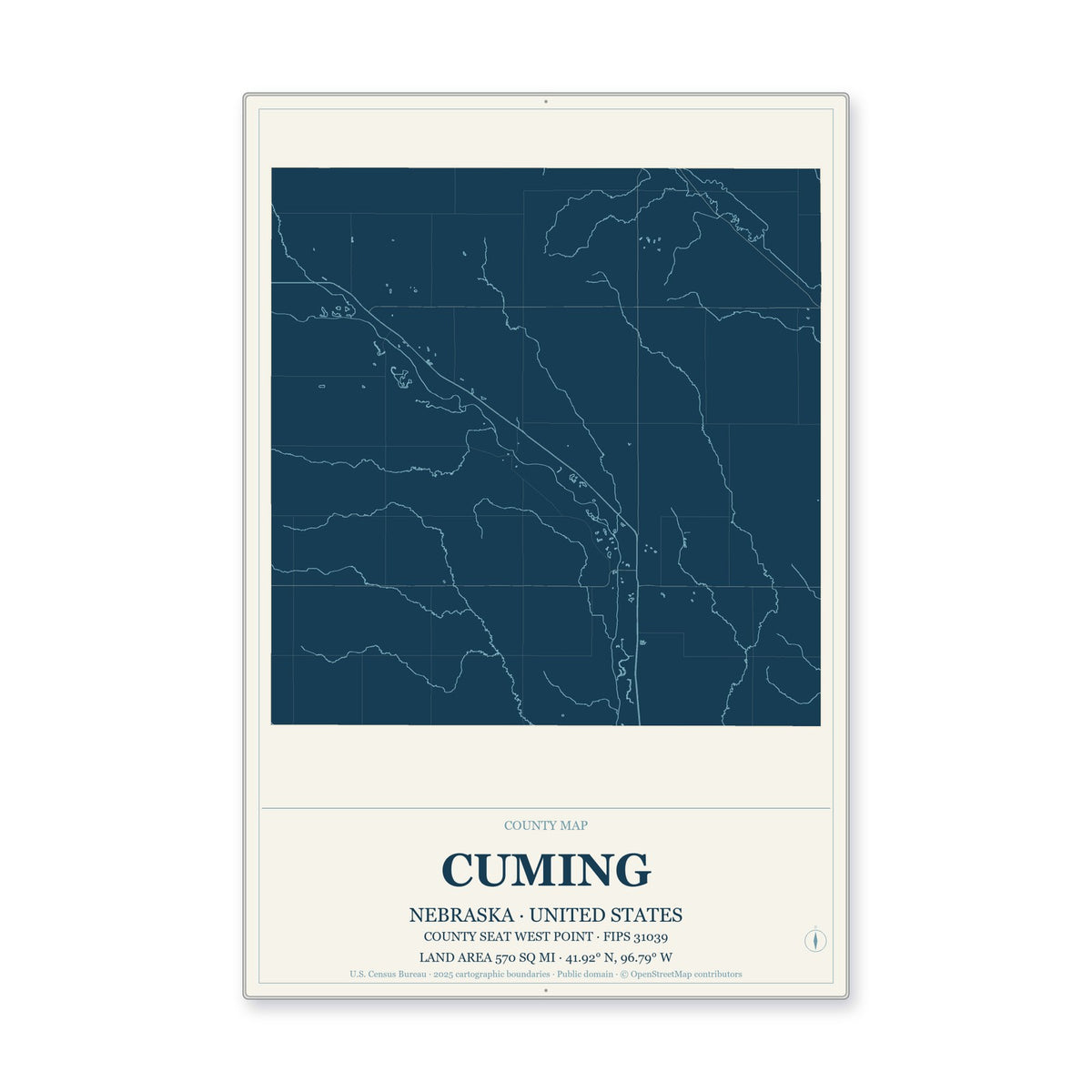 Cuming County, Nebraska Map Aluminum Sign in Coastal Cutout style