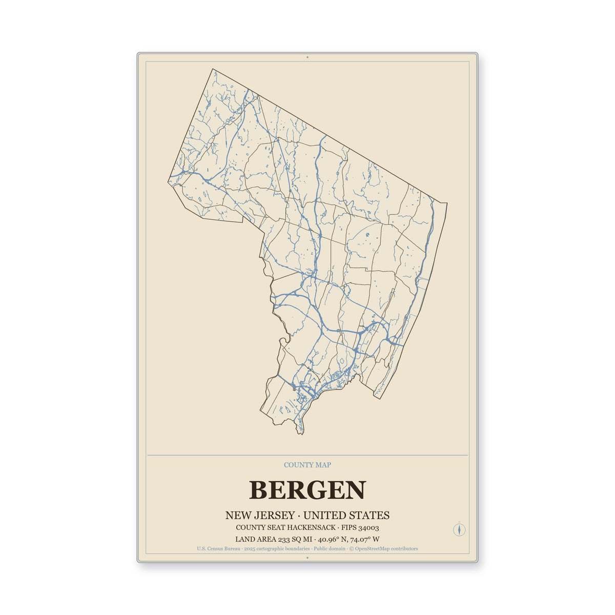 Bergen County, New Jersey Map Aluminum Sign in Heritage Nautical style