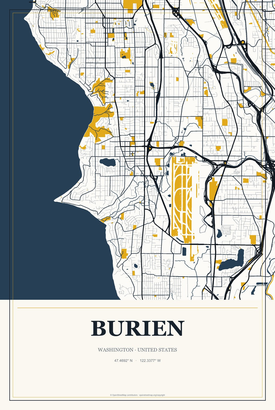 Burien, Washington City Map Aluminum Sign in Citrine Modern style