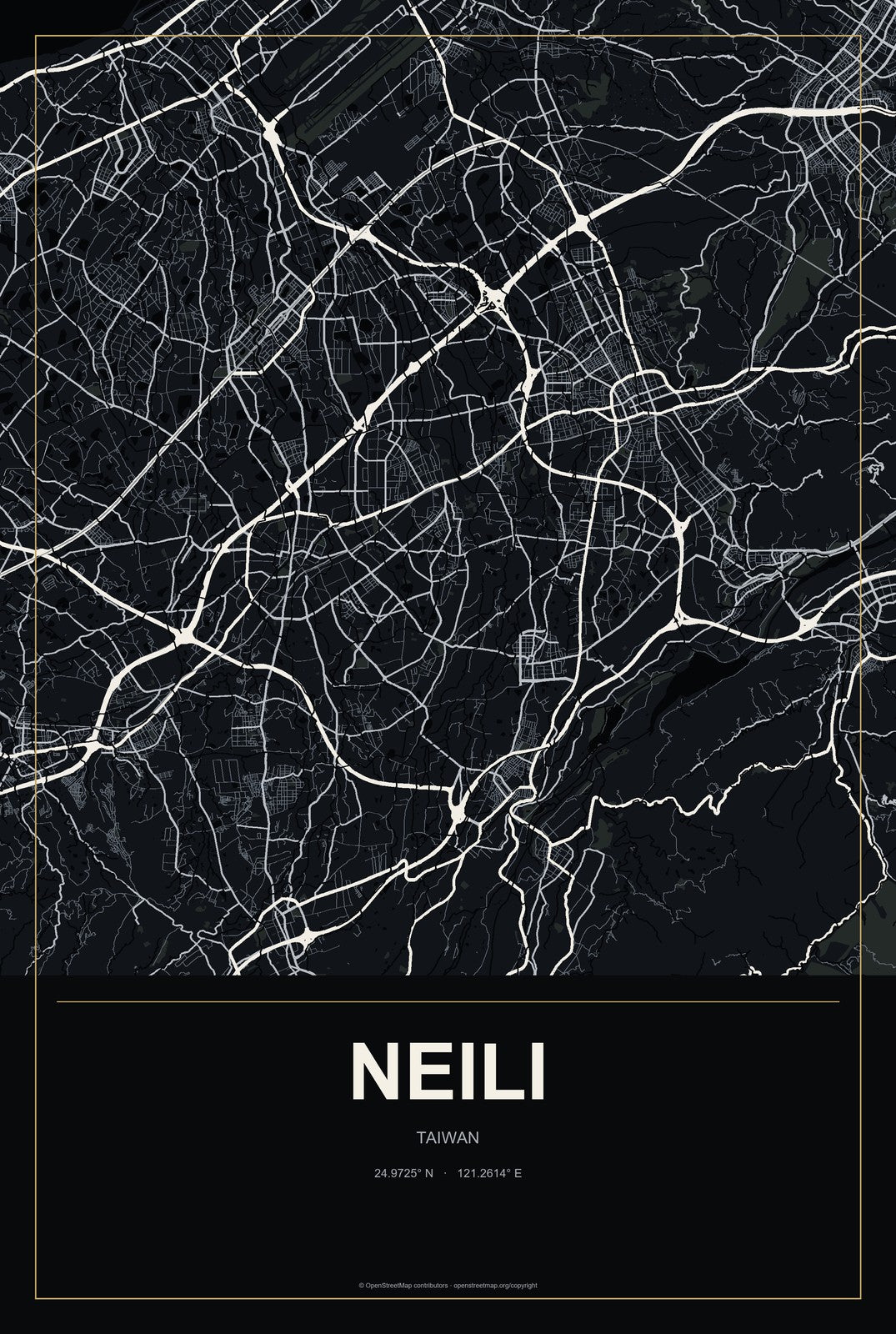 Neili, Taiwan City Map Aluminum Sign in Metropolitan Noir style