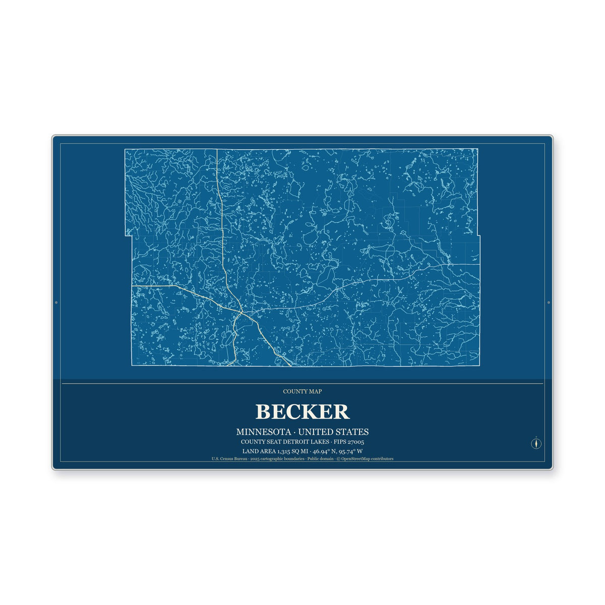 Becker County, Minnesota Map Aluminum Sign in Harbor Cobalt style