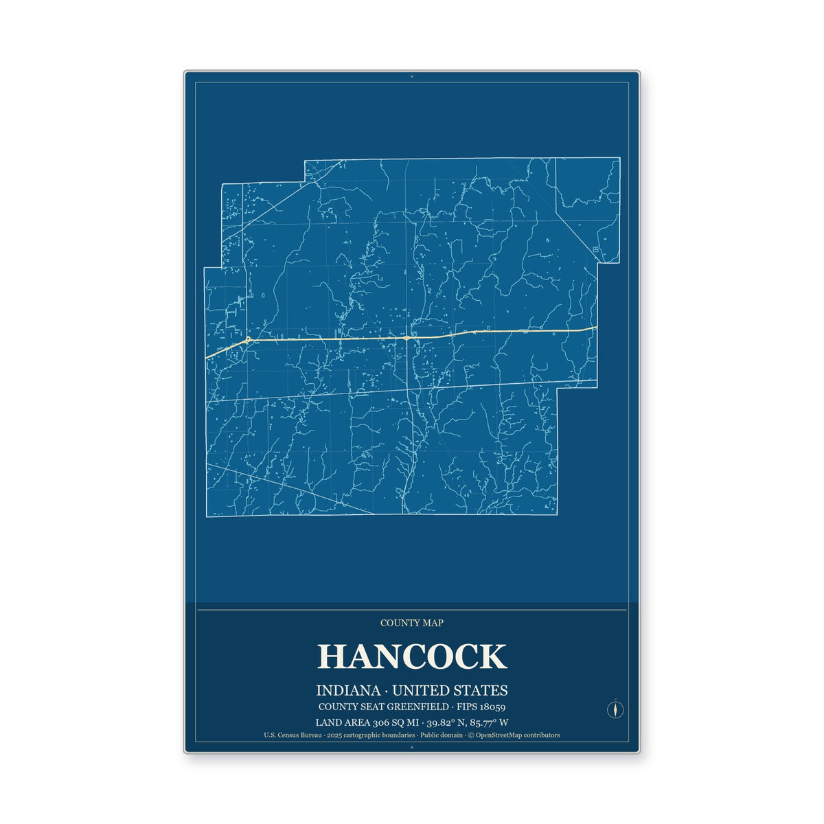 Hancock County, Indiana Map Aluminum Sign in Harbor Cobalt style