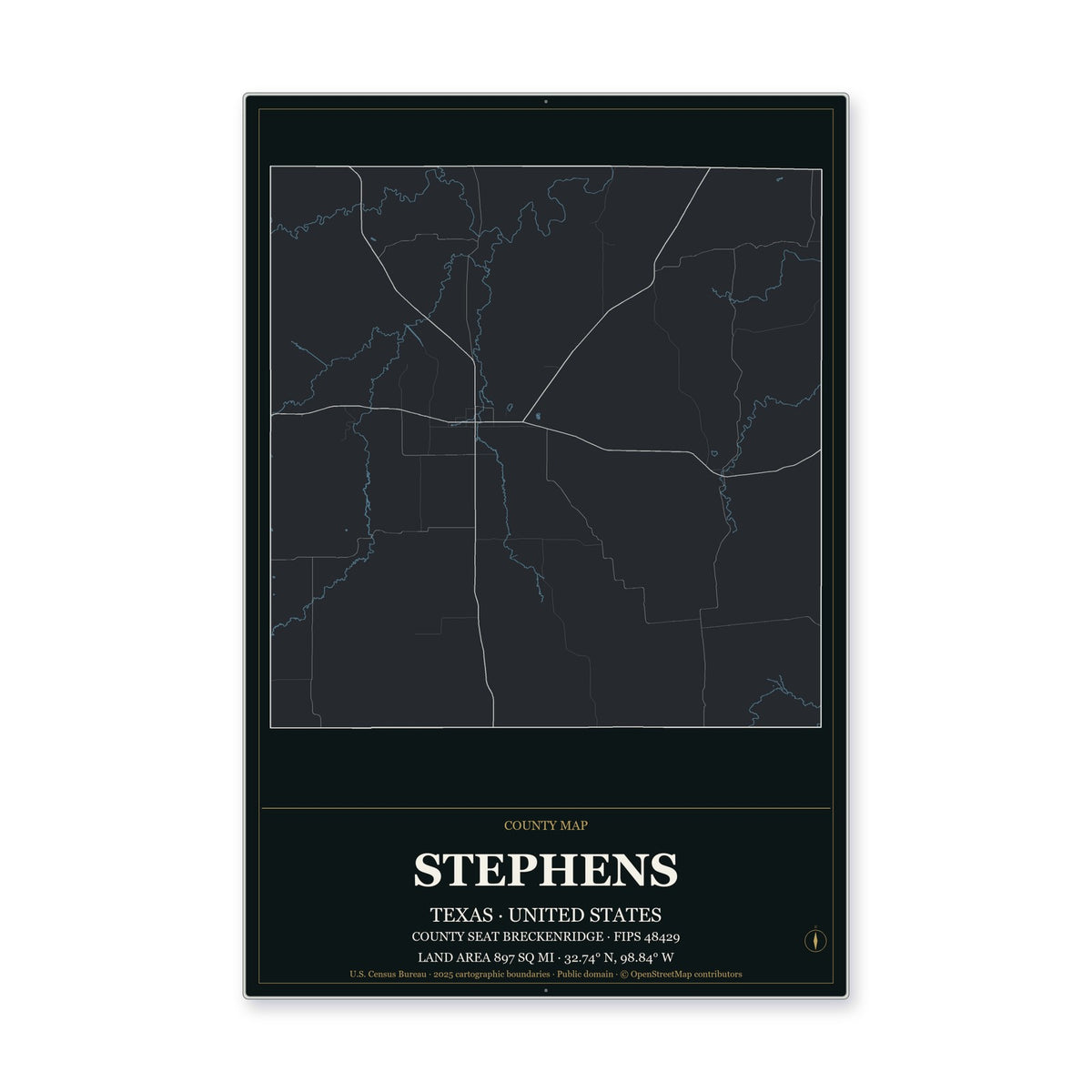 Stephens County, Texas Map Aluminum Sign in Metropolitan Noir style