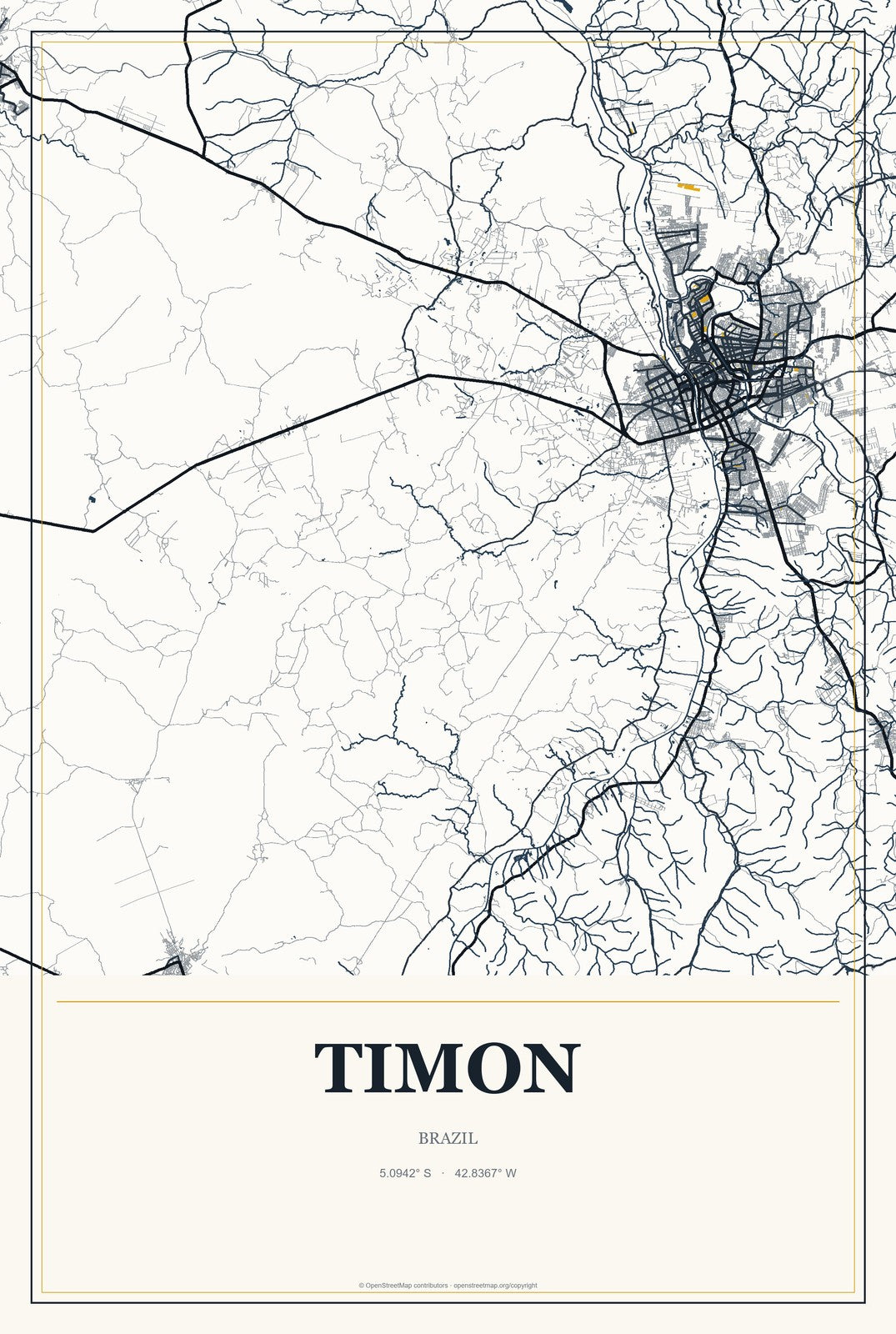 Timon, Brazil City Map Aluminum Sign in Citrine Modern style