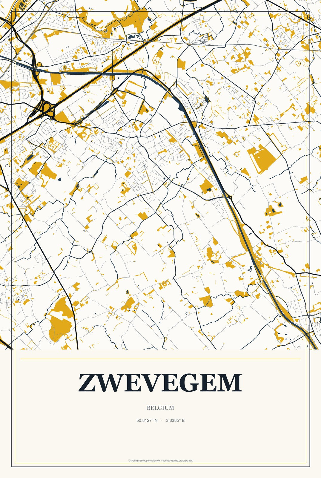 Zwevegem, Belgium City Map Aluminum Sign in Citrine Modern style
