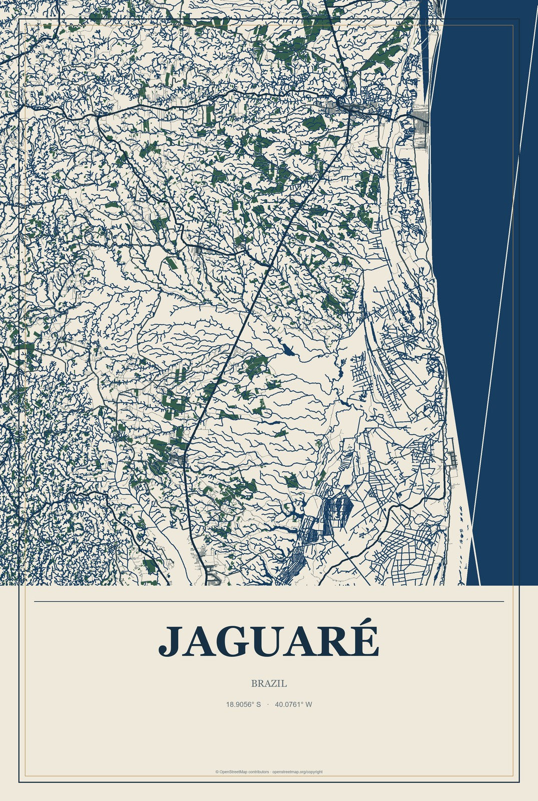 Jaguaré, Brazil City Map Aluminum Sign in Coastal Cutout style