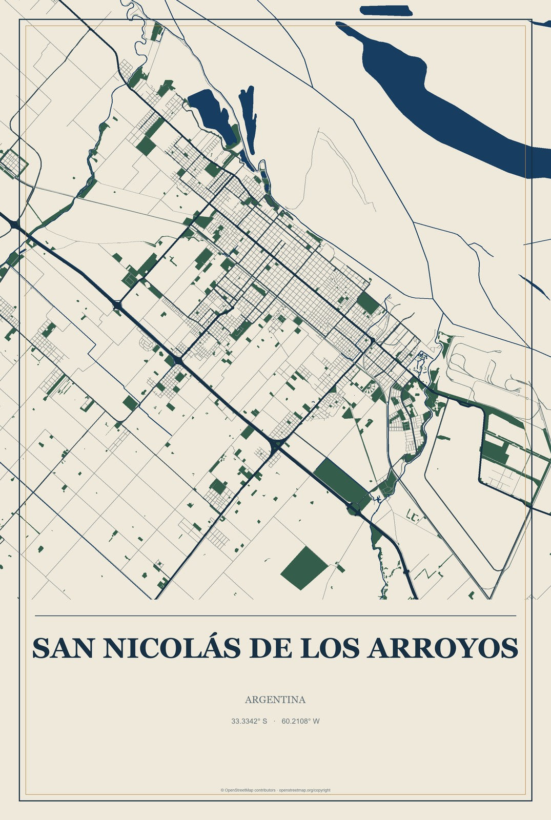 San Nicolás de los Arroyos, Argentina City Map Aluminum Sign in Coastal Cutout style