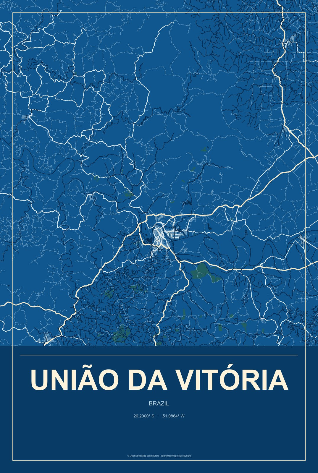 União da Vitória, Brazil City Map Aluminum Sign in Harbor Cobalt style