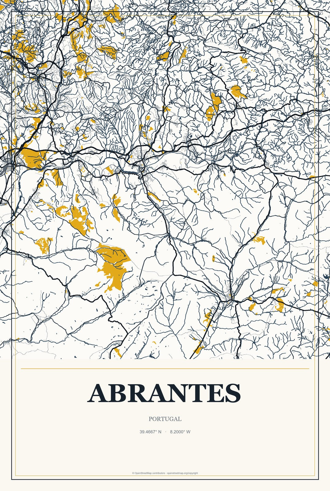 Abrantes, Portugal City Map Aluminum Sign in Citrine Modern style