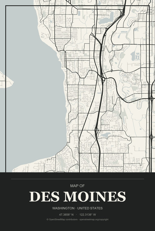 Des Moines, Washington City Map Aluminum Sign in Museum Plaque style