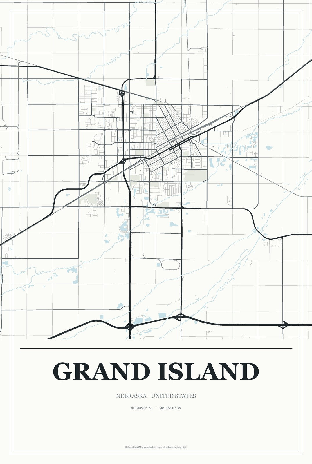 Grand Island, Nebraska City Map Aluminum Sign in Gallery Air style