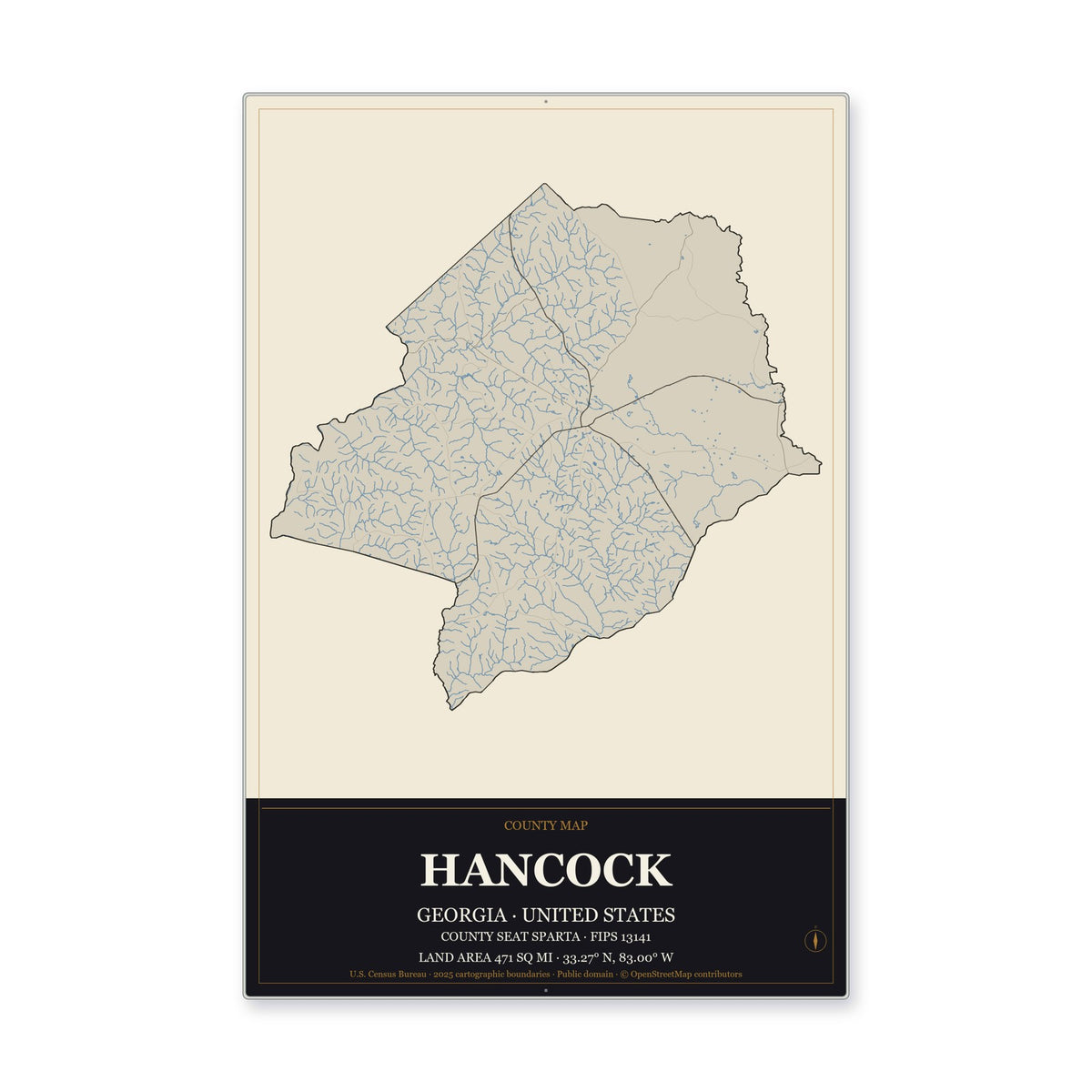 Hancock County, Georgia Map Aluminum Sign in Museum Plaque style