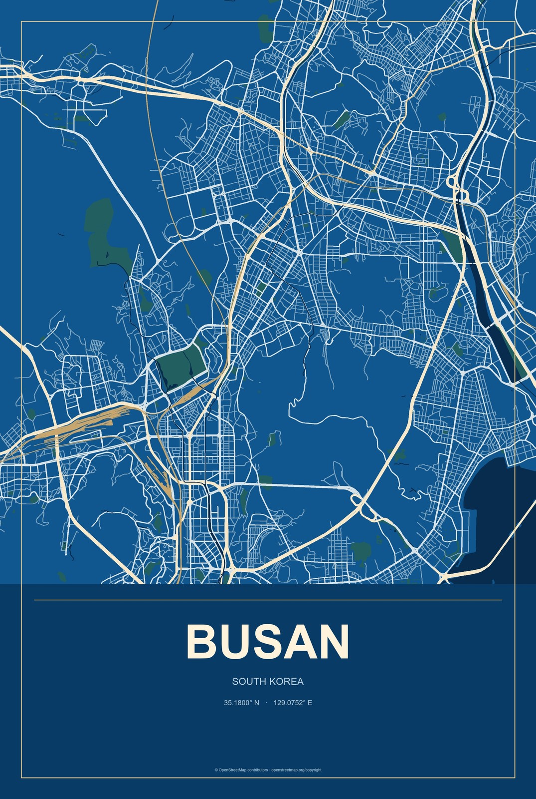 Busan, South Korea City Map Aluminum Sign in Harbor Cobalt style