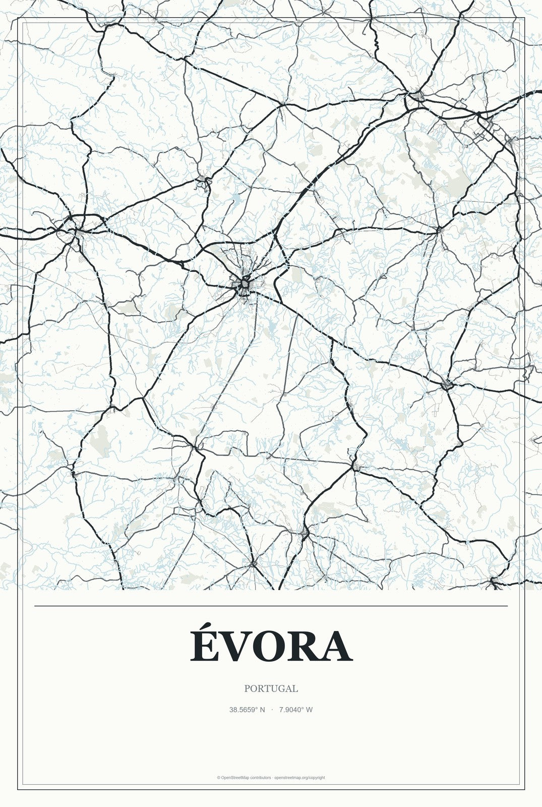 Évora, Portugal City Map Aluminum Sign in Gallery Air style