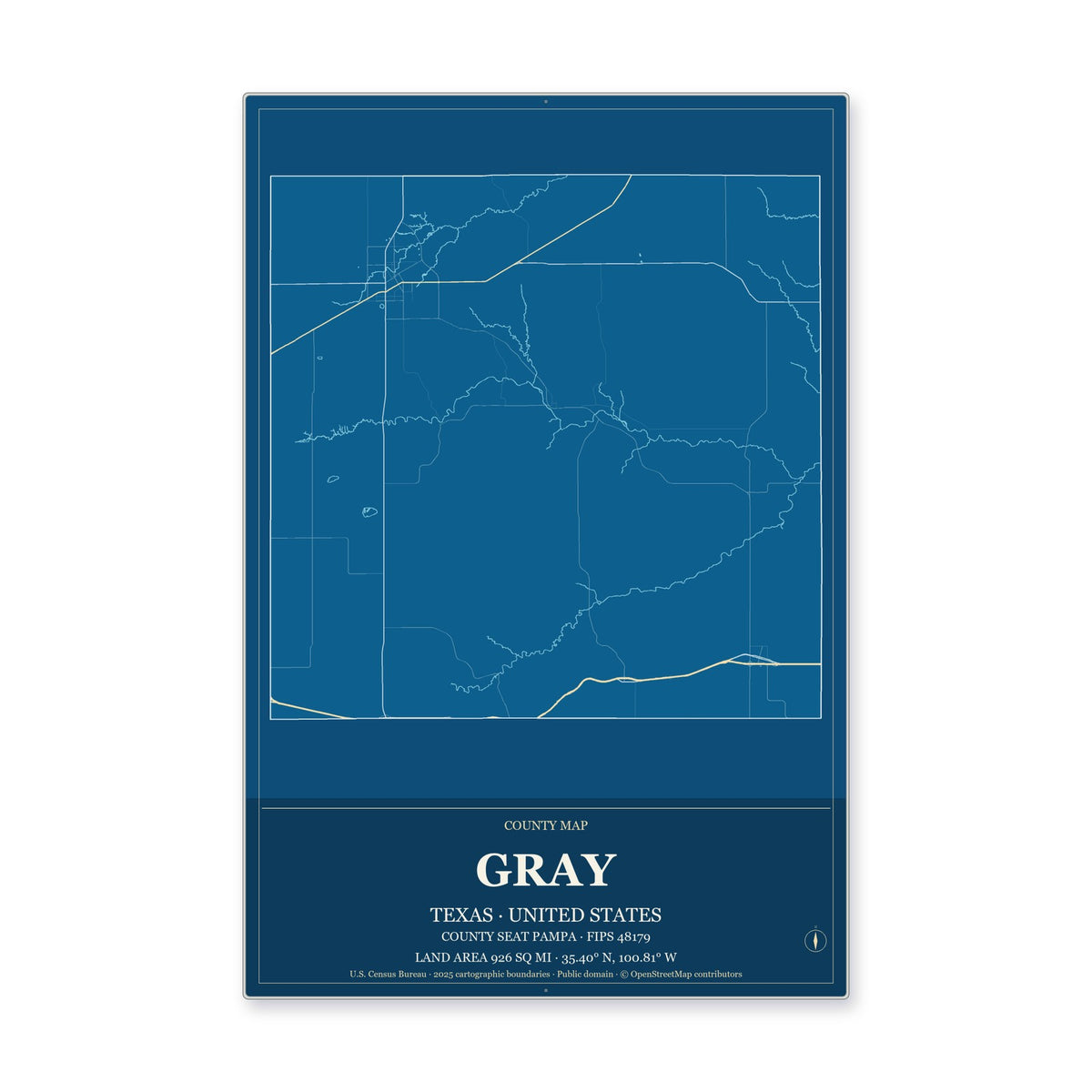 Gray County, Texas Map Aluminum Sign in Harbor Cobalt style