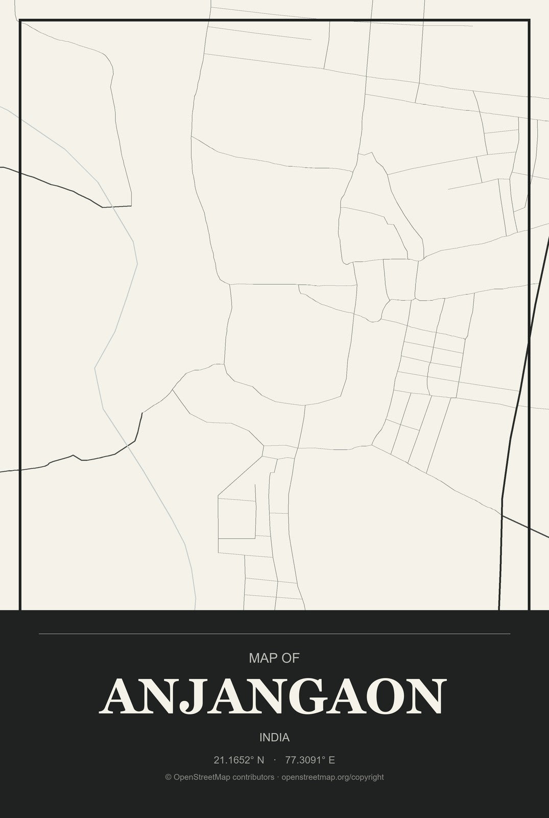 Anjangaon, India City Map Aluminum Sign in Museum Plaque style