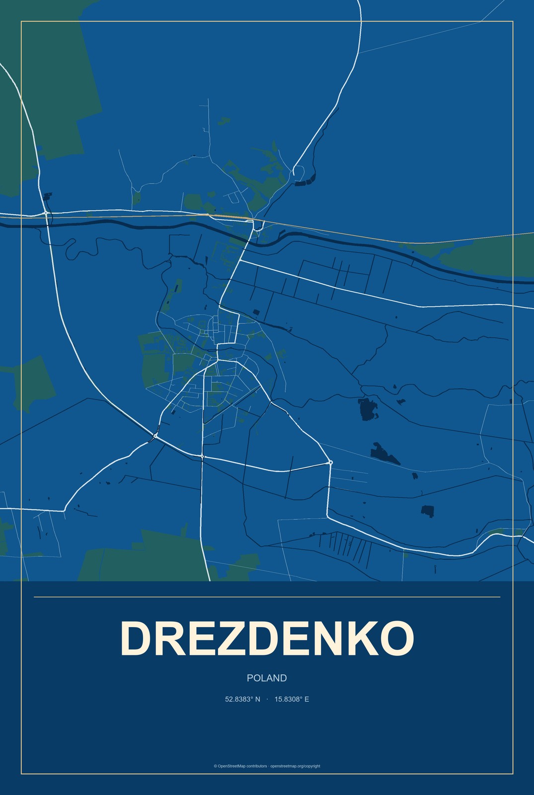 Drezdenko, Poland City Map Aluminum Sign in Harbor Cobalt style