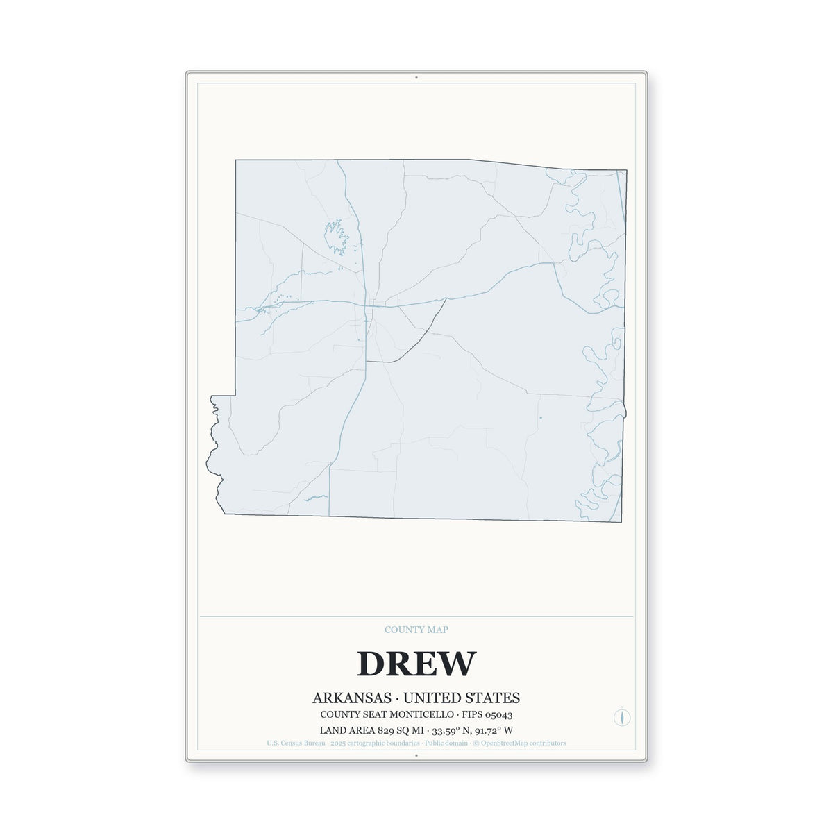 Drew County, Arkansas Map Aluminum Sign in Gallery Air style