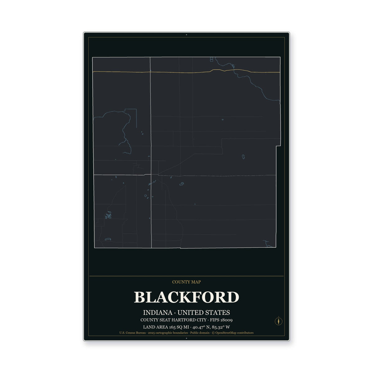 Blackford County, Indiana Map Aluminum Sign in Metropolitan Noir style