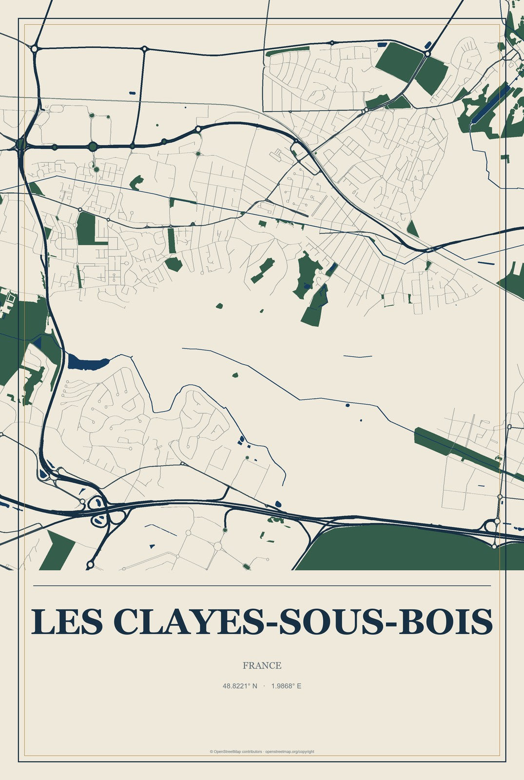 Les Clayes-sous-Bois, France City Map Aluminum Sign in Coastal Cutout style