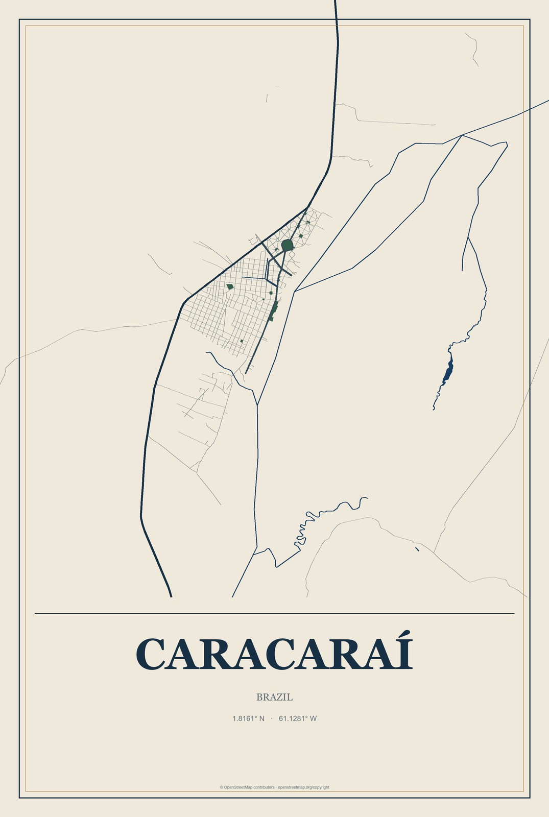 Caracaraí, Brazil City Map Aluminum Sign in Coastal Cutout style