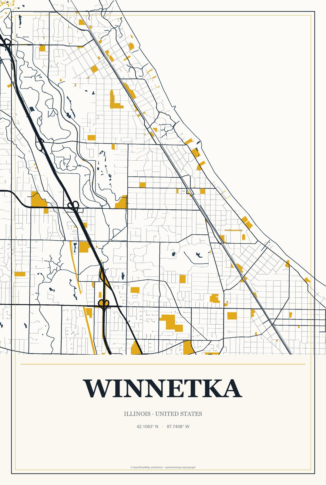 Winnetka, Illinois City Map Aluminum Sign in Citrine Modern style