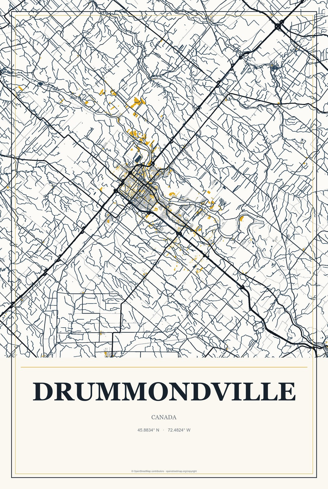 Drummondville, Canada City Map Aluminum Sign in Citrine Modern style