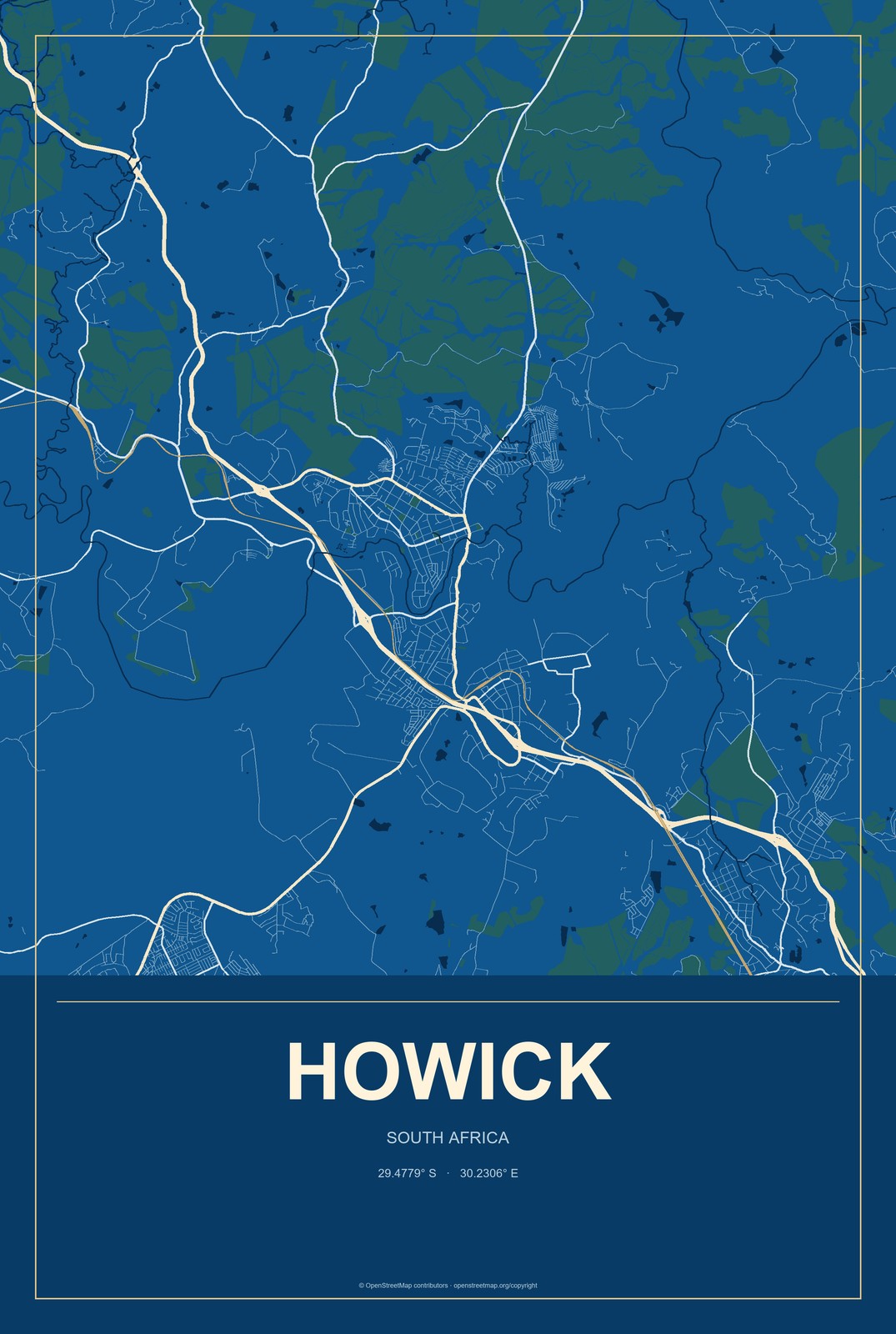 Howick, South Africa City Map Aluminum Sign in Harbor Cobalt style