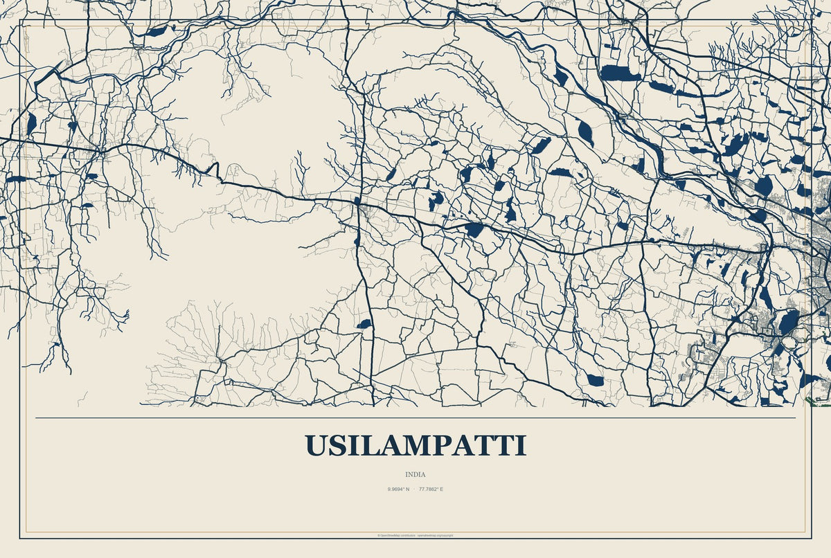 Usilampatti, India City Map Aluminum Sign in Coastal Cutout style