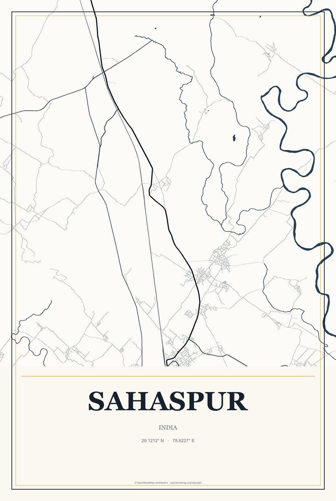 Sahaspur, India City Map Aluminum Sign in Citrine Modern style