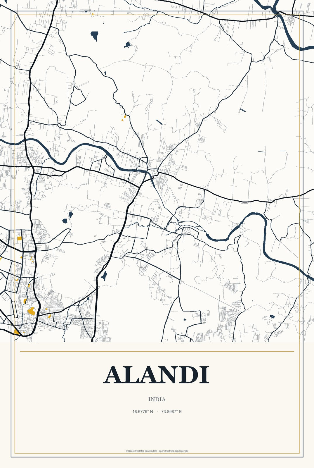 Alandi, India City Map Aluminum Sign in Citrine Modern style