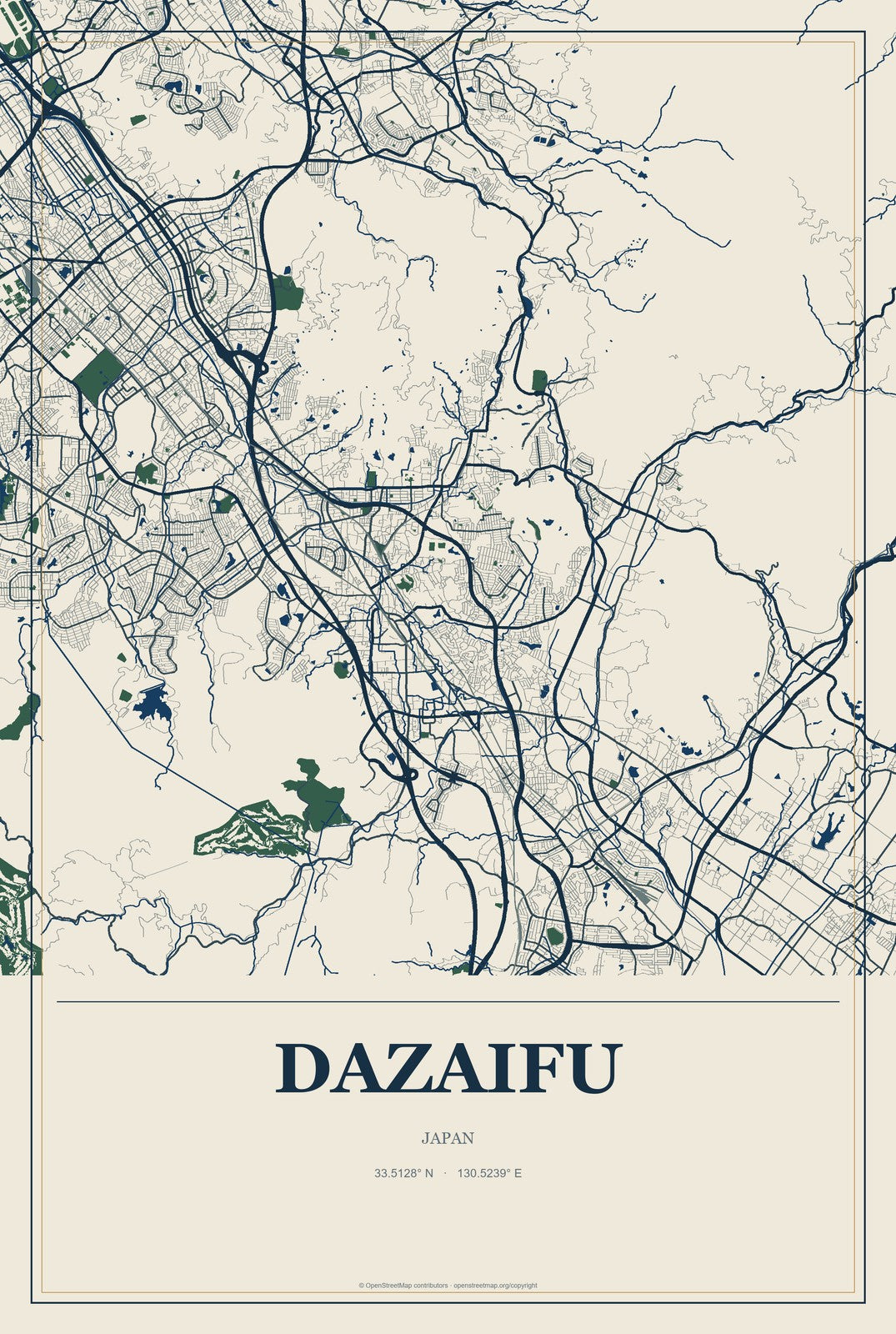 Dazaifu, Japan City Map Aluminum Sign in Coastal Cutout style