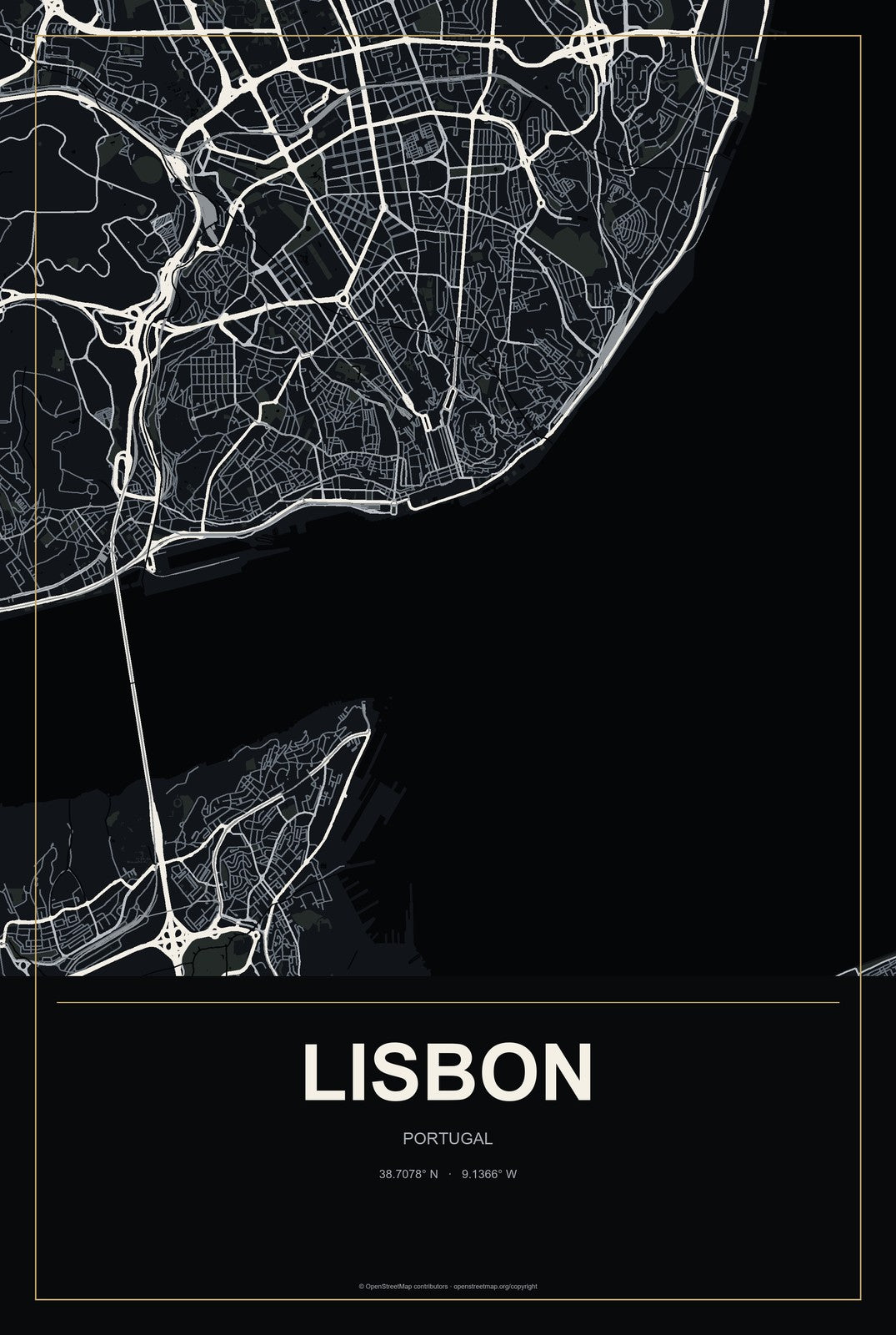 Lisbon, Portugal City Map Aluminum Sign in Metropolitan Noir style
