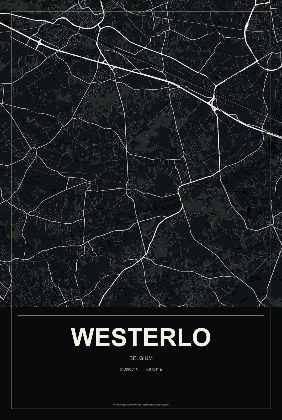Westerlo, Belgium City Map Aluminum Sign in Metropolitan Noir style