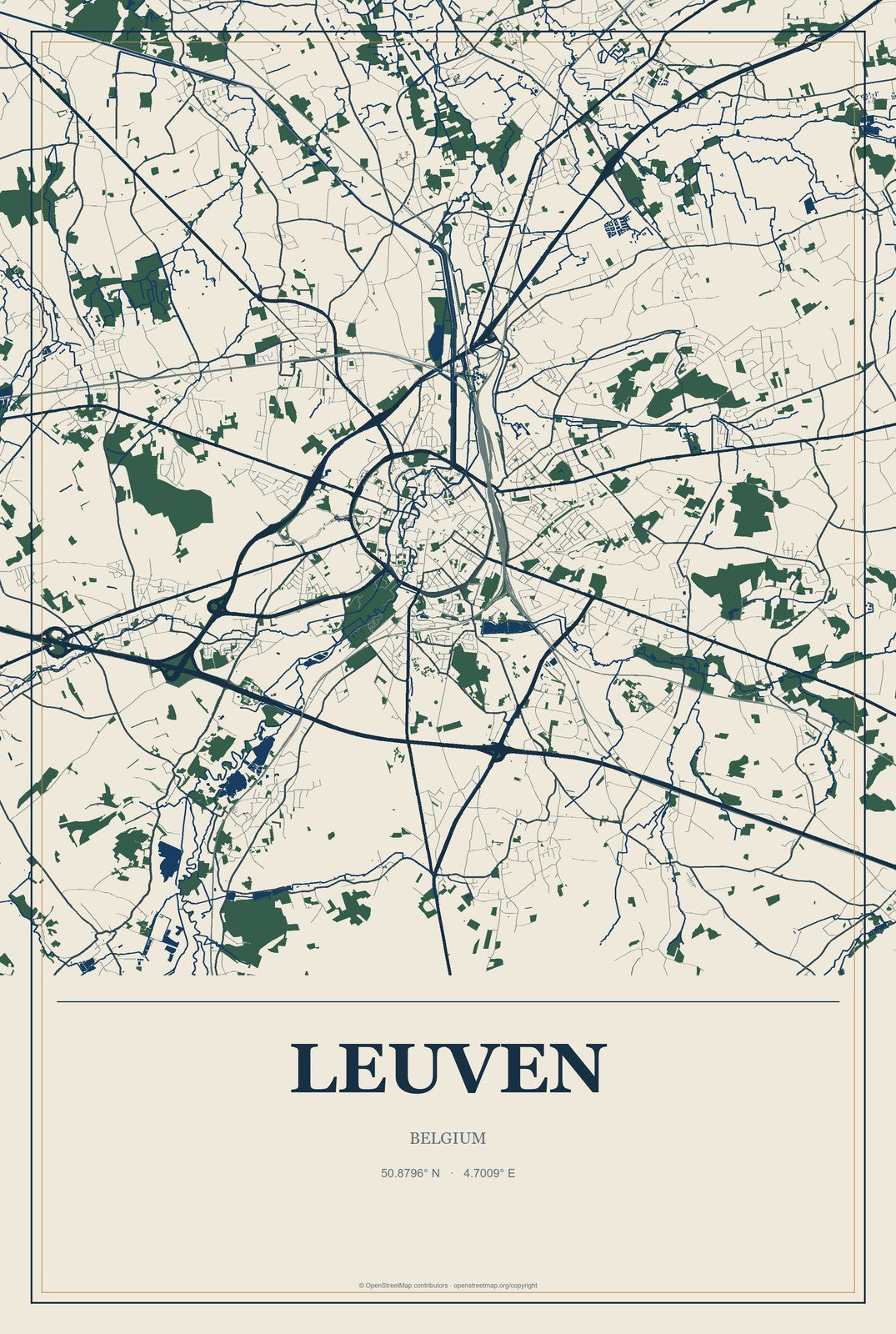 Leuven, Belgium City Map Aluminum Sign in Coastal Cutout style