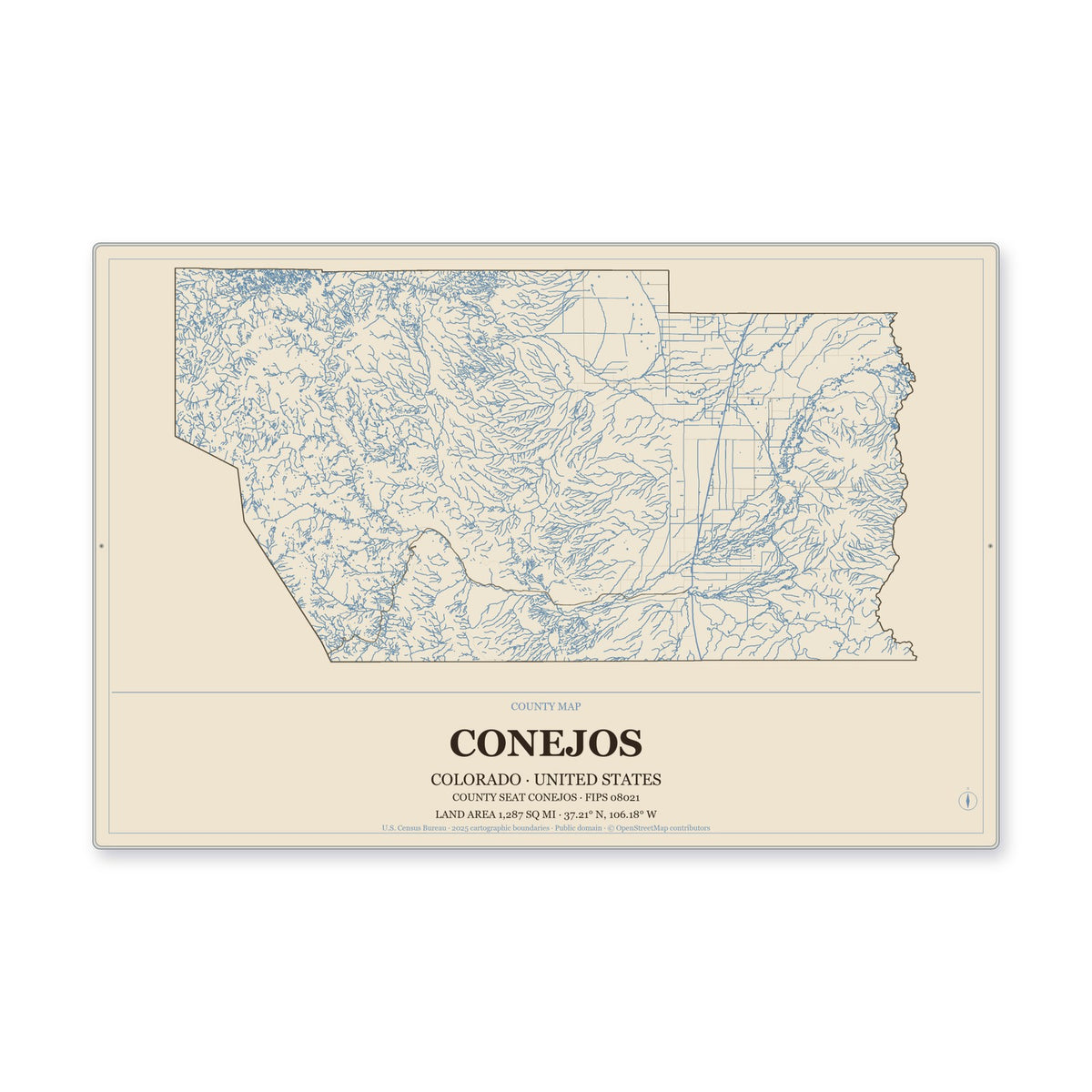 Conejos County, Colorado Map Aluminum Sign in Heritage Nautical style