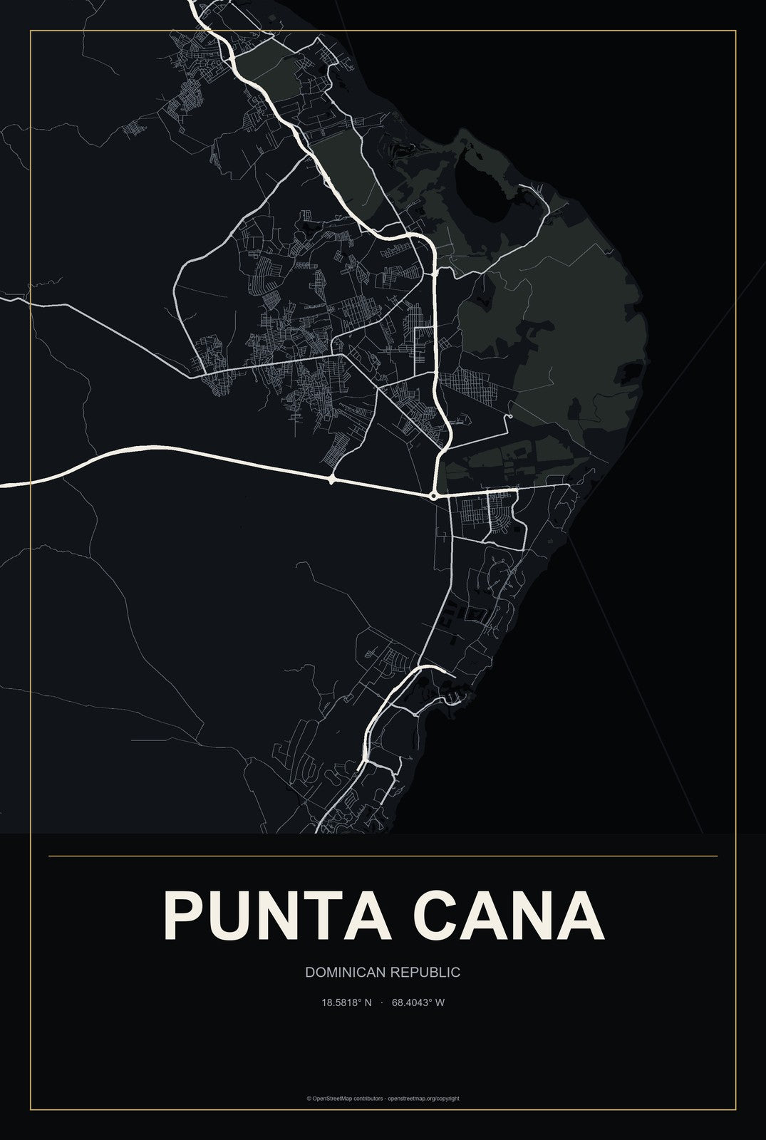 Punta Cana, Dominican Republic City Map Aluminum Sign in Metropolitan Noir style