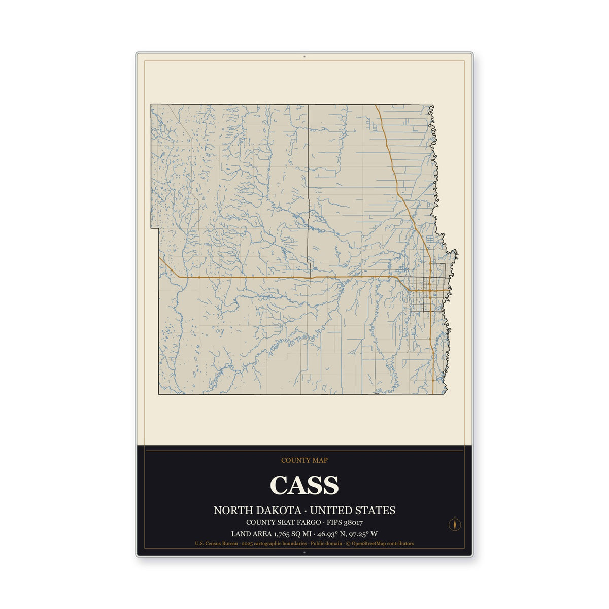 Cass County, North Dakota Map Aluminum Sign in Museum Plaque style