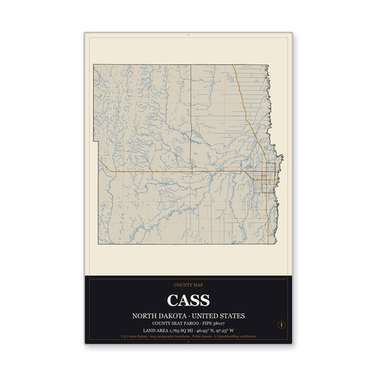 Cass County, North Dakota Map Aluminum Sign in Museum Plaque style