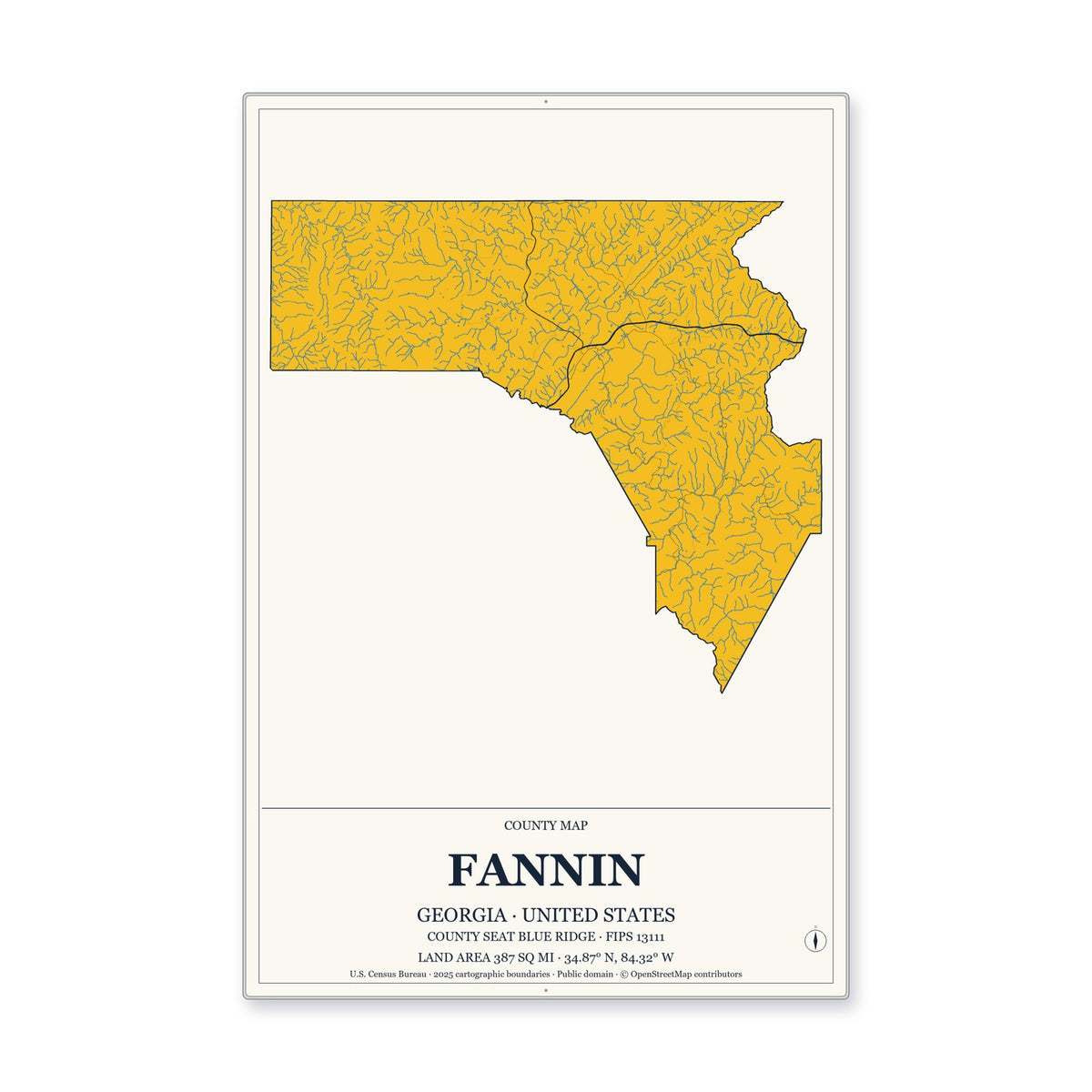 Fannin County, Georgia Map Aluminum Sign in Citrine Modern style