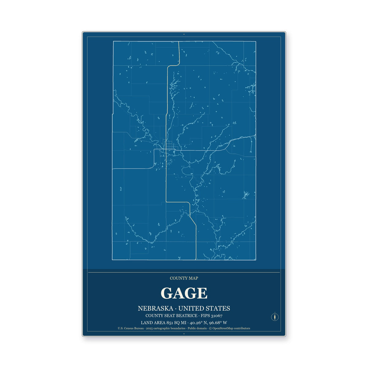 Gage County, Nebraska Map Aluminum Sign in Harbor Cobalt style